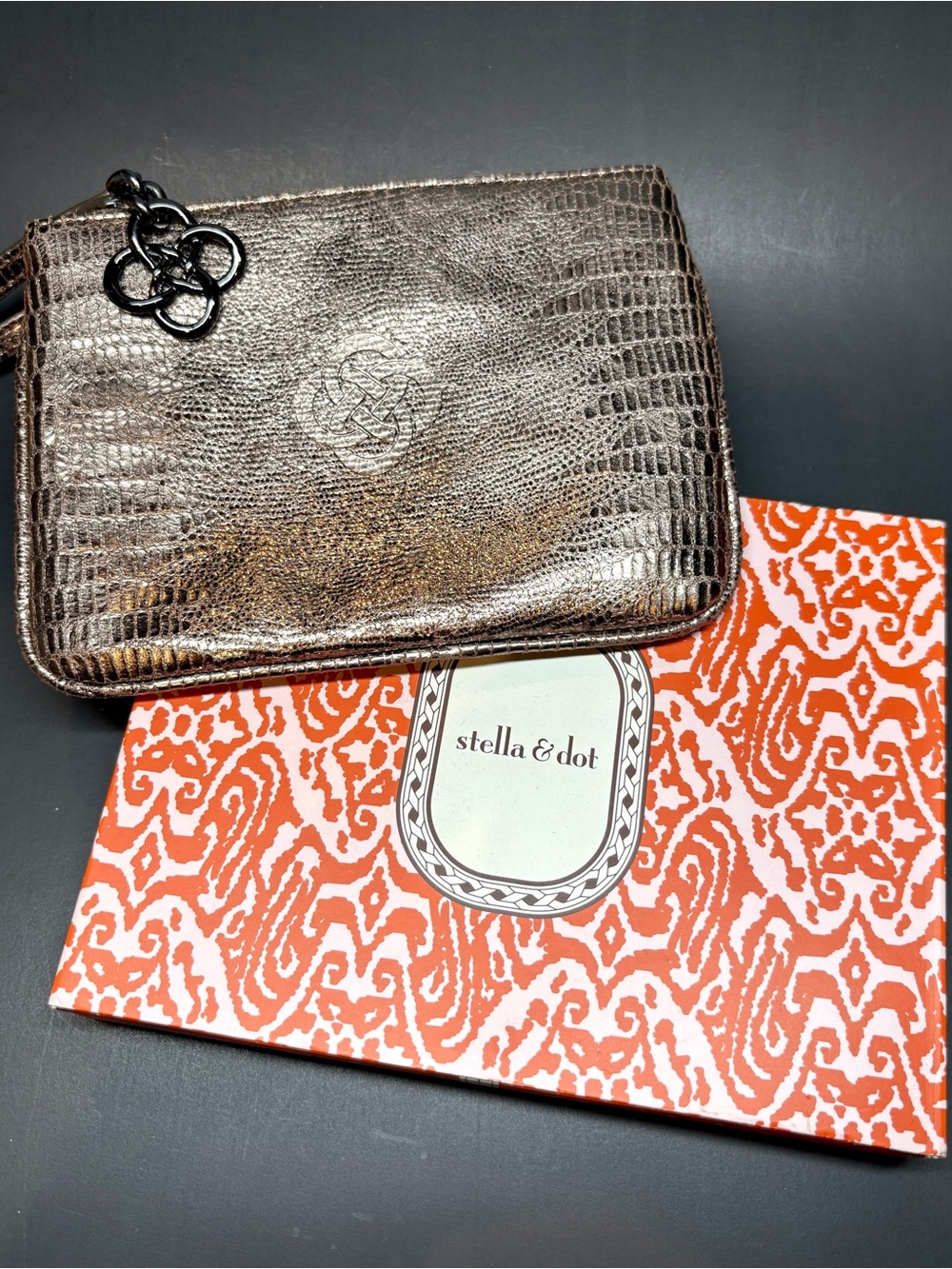 Stella & Dot Bronze Croc-Embossed Wristlet with Logo Charm